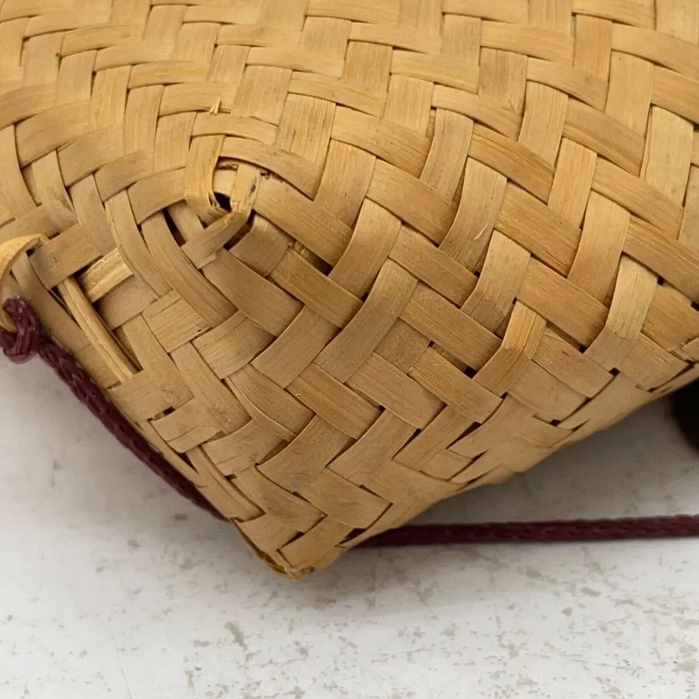 Handmade Woven Bag Backpack Vintage Basket Tan Bamboo With Lid & Chinese Coin